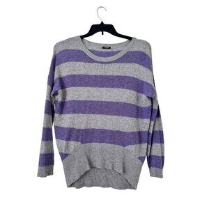 Magaschoni 100% Cashmere Women's High Low Stripe Gray Purple Pullover Sweater M